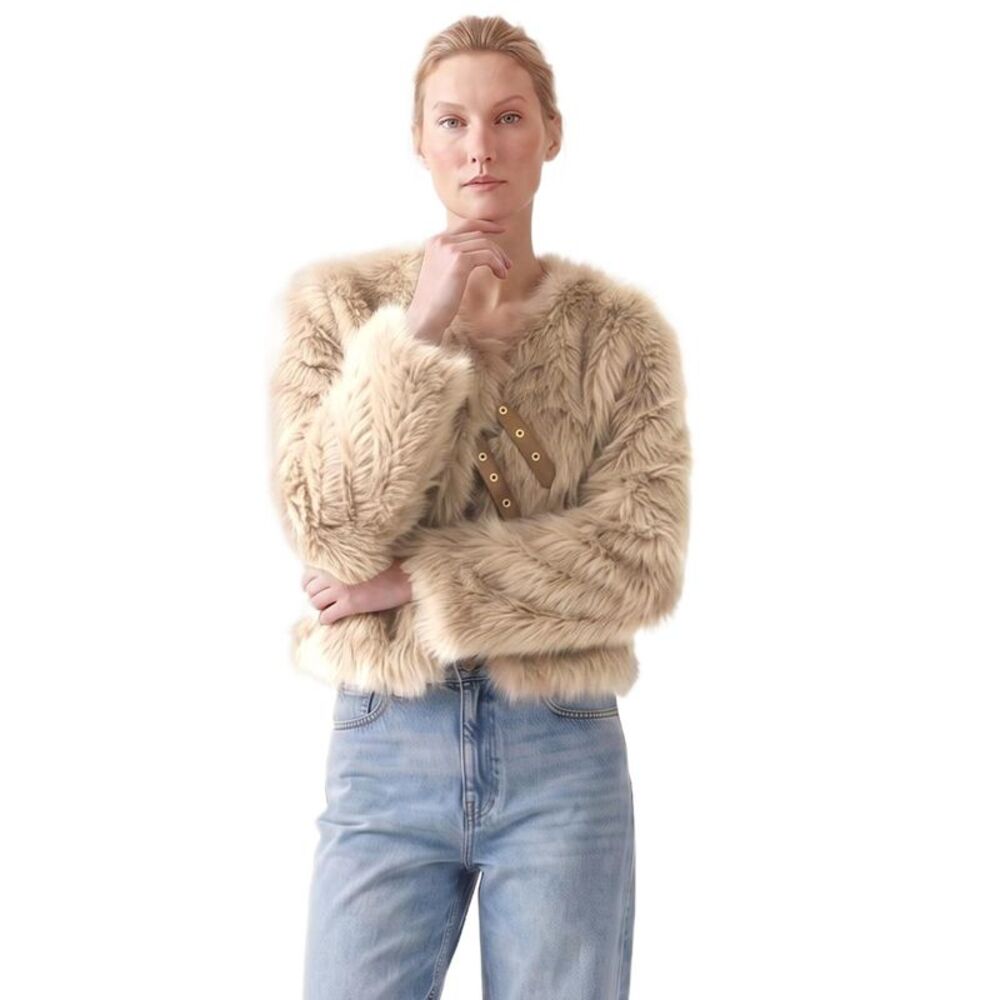 Womens Faux Fur Cropped Open Front Long Sleeve Winter Jacket Khaki